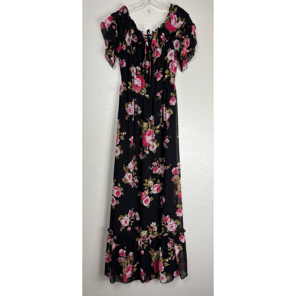 WAYF Black Pink Rose Floral Ruffle Off Shoulder Maxi Dress Medium 2348